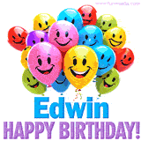 An animated birthday-themed name GIF with colorful smiling balloons and bold 'Edwin, Happy Birthday!' text for a celebratory touch.