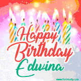 Bright birthday candles with rainbow flames on a cake, alongside the text 'Happy Birthday Edwina' in vibrant script in this celebratory animated GIF.