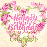 A stunning heart made of pink roses surrounds the elegant script text 'Happy Birthday Edwyna' on a soft beige background. Animated sparkles add a magical and festive feel.