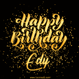 Animated GIF with colorful, festive 'Happy Birthday Edy' text decorated with patterns, a party hat, and falling confetti. A vibrant and cheerful design for birthday celebrations.