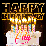A vibrant animated GIF featuring a delicious birthday cake topped with glowing candles and the name 'Edy' in elegant script, and the words 'Happy Birthday' on the black background.