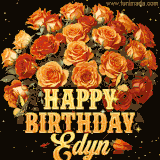 Animated bouquet of orange roses with moving butterfles and golden 'Happy Birthday Edyn' text, surrounded by sparkling accents and a dark backdrop for a luxurious feel.