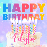 A vibrant animated name GIF with the words 'Happy Birthday Edyta' with colorful candles on a creamy cake. The background sparkles with pastel shades, adding a festive touch.