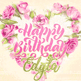 A stunning heart made of pink roses surrounds the elegant script text 'Happy Birthday Edyta' on a soft beige background. Animated sparkles add a magical and festive feel.