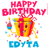A vibrant and funny gift box character with a happy face dancing with a cupcake and the text 'Happy Birthday Edyta,' surrounded by animated confetti and party vibes.