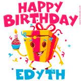 A vibrant and funny gift box character with a happy face dancing with a cupcake and the text 'Happy Birthday Edyth,' surrounded by animated confetti and party vibes.