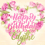 A stunning heart made of pink roses surrounds the elegant script text 'Happy Birthday Edythe' on a soft beige background. Animated sparkles add a magical and festive feel.
