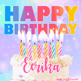 A vibrant animated name GIF with the words 'Happy Birthday Eerika' with colorful candles on a creamy cake. The background sparkles with pastel shades, adding a festive touch.