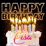 A vibrant animated GIF featuring a delicious birthday cake topped with glowing candles and the name 'Eesa' in elegant script, and the words 'Happy Birthday' on the black background.