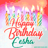 Bright birthday candles with rainbow flames on a cake, alongside the text 'Happy Birthday Eesha' in vibrant script in this celebratory animated GIF.