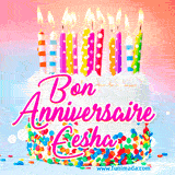 A white birthday cake covered in colorful sprinkles, topped with bright candles, and French text 'Bon Anniversaire Eesha' on a pastel gradient background in an animated GIF.