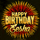 Golden 'Happy Birthday Eesha' text accompanied by animated rainbow fireworks for a festive animated greeting.