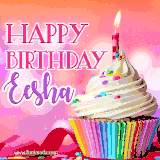 A vibrant birthday GIF featuring a rainbow-colored cupcake topped with white frosting, sprinkles, and a lit candle. The text reads 'Happy Birthday Eesha' in bold pink and violet letters with white outline.