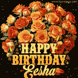 Animated bouquet of orange roses with moving butterfles and golden 'Happy Birthday Eesha' text, surrounded by sparkling accents and a dark backdrop for a luxurious feel.