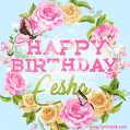 A charming animated GIF featuring 'Happy Birthday Eesha' in pink and green text, surrounded by delicate roses, leaves, and fluttering butterflies on a soft light blue pastel background.