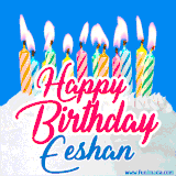 A cheerful animated GIF featuring colorful lit birthday candles on a white cake, with the text 'Happy Birthday Eeshan' in bold red and blue script on a bright blue background.
