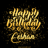 Animated GIF with colorful, festive 'Happy Birthday Eeshan' text decorated with patterns, a party hat, and falling confetti. A vibrant and cheerful design for birthday celebrations.