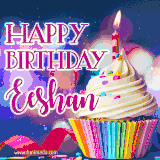 A festive animated GIF featuring a colorful cupcake with a single lit candle, sprinkles, and 'Happy Birthday Eeshan' text against a sparkling, celebratory background.