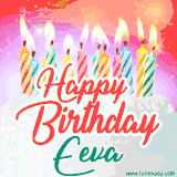 Bright birthday candles with rainbow flames on a cake, alongside the text 'Happy Birthday Eeva' in vibrant script in this celebratory animated GIF.