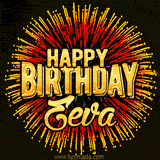 Golden 'Happy Birthday Eeva' text accompanied by animated rainbow fireworks for a festive animated greeting.