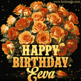 Animated bouquet of orange roses with moving butterfles and golden 'Happy Birthday Eeva' text, surrounded by sparkling accents and a dark backdrop for a luxurious feel.