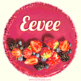 Beautifully decorated red velvet berry birthday cake with vibrant fruits and a glowing 'Eevee' name, adding a touch of sweetness and sparkle.