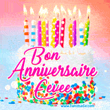 A white birthday cake covered in colorful sprinkles, topped with bright candles, and French text 'Bon Anniversaire Eevee' on a pastel gradient background in an animated GIF.