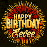 Golden 'Happy Birthday Eevee' text accompanied by animated rainbow fireworks for a festive animated greeting.