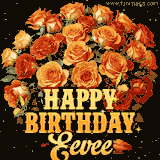 Animated bouquet of orange roses with moving butterfles and golden 'Happy Birthday Eevee' text, surrounded by sparkling accents and a dark backdrop for a luxurious feel.