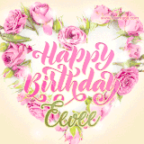 A stunning heart made of pink roses surrounds the elegant script text 'Happy Birthday Eevee' on a soft beige background. Animated sparkles add a magical and festive feel.