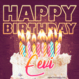 A colorful birthday cake topped with lit candles, with the words 'Happy Birthday Eevi' in bold glowing letters on a burgundy background. Animated flames add a festive touch.