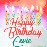 Bright birthday candles with rainbow flames on a cake, alongside the text 'Happy Birthday Eevie' in vibrant script in this celebratory animated GIF.
