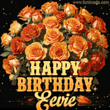 Animated bouquet of orange roses with moving butterfles and golden 'Happy Birthday Eevie' text, surrounded by sparkling accents and a dark backdrop for a luxurious feel.