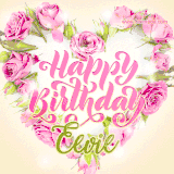 A stunning heart made of pink roses surrounds the elegant script text 'Happy Birthday Eevie' on a soft beige background. Animated sparkles add a magical and festive feel.