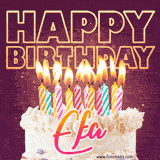 A colorful birthday cake topped with lit candles, with the words 'Happy Birthday Efa' in bold glowing letters on a burgundy background. Animated flames add a festive touch.