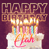 A colorful birthday cake topped with lit candles, with the words 'Happy Birthday Efah' in bold glowing letters on a burgundy background. Animated flames add a festive touch.