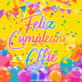 A bright and festive GIF with the text 'Feliz Cumpleaños Effie' in Spanish in colorful fonts, surrounded by confetti, balloons, and festive banners on a vibrant yellow background.