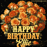 Animated bouquet of orange roses with moving butterfles and golden 'Happy Birthday Effie' text, surrounded by sparkling accents and a dark backdrop for a luxurious feel.