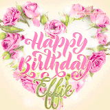 A stunning heart made of pink roses surrounds the elegant script text 'Happy Birthday Effie' on a soft beige background. Animated sparkles add a magical and festive feel.
