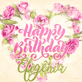 A stunning heart made of pink roses surrounds the elegant script text 'Happy Birthday Efigênia' on a soft beige background. Animated sparkles add a magical and festive feel.