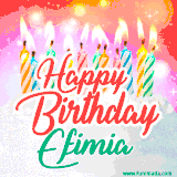 Bright birthday candles with rainbow flames on a cake, alongside the text 'Happy Birthday Efimia' in vibrant script in this celebratory animated GIF.