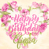 A stunning heart made of pink roses surrounds the elegant script text 'Happy Birthday Efimia' on a soft beige background. Animated sparkles add a magical and festive feel.