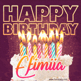 A colorful birthday cake topped with lit candles, with the words 'Happy Birthday Efimiia' in bold glowing letters on a burgundy background. Animated flames add a festive touch.