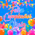 A vibrant animated GIF with 'Feliz Cumpleaños Efrain' written in colorful script, surrounded by balloons, confetti, and bunting on a bright blue background.