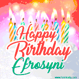 Bright birthday candles with rainbow flames on a cake, alongside the text 'Happy Birthday Efrosyni' in vibrant script in this celebratory animated GIF.
