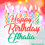Bright birthday candles with rainbow flames on a cake, alongside the text 'Happy Birthday Efthalia' in vibrant script in this celebratory animated GIF.