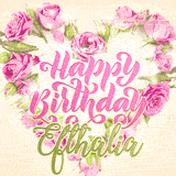 A stunning heart made of pink roses surrounds the elegant script text 'Happy Birthday Efthalia' on a soft beige background. Animated sparkles add a magical and festive feel.