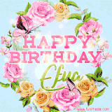 A charming animated GIF featuring 'Happy Birthday Efua' in pink and green text, surrounded by delicate roses, leaves, and fluttering butterflies on a soft light blue pastel background.