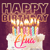 A colorful birthday cake topped with lit candles, with the words 'Happy Birthday Efua' in bold glowing letters on a burgundy background. Animated flames add a festive touch.