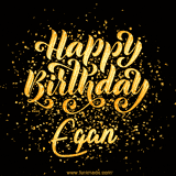 Animated GIF with colorful, festive 'Happy Birthday Egan' text decorated with patterns, a party hat, and falling confetti. A vibrant and cheerful design for birthday celebrations.